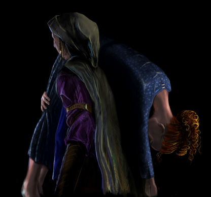 Zaya carrying woman in blue dress